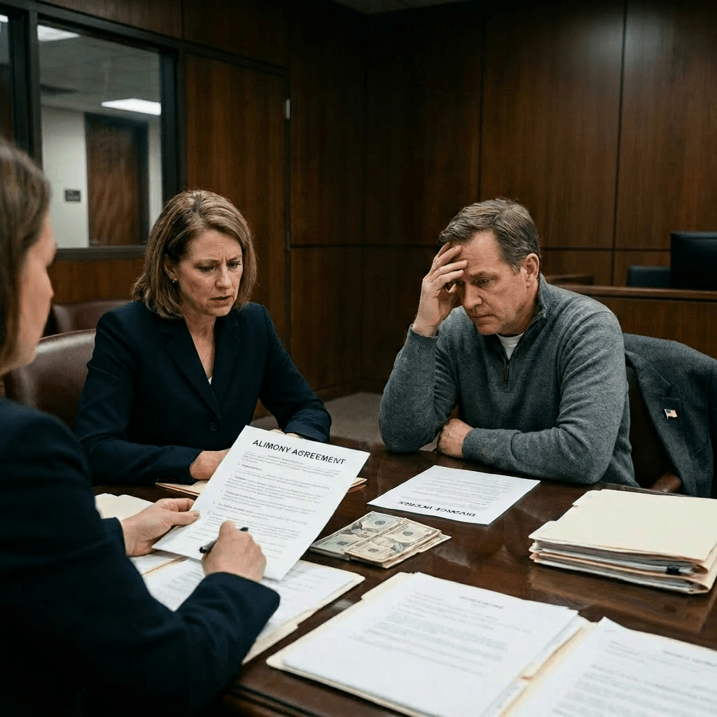 Couple consulting lawyer about alimony agreement in courtroom